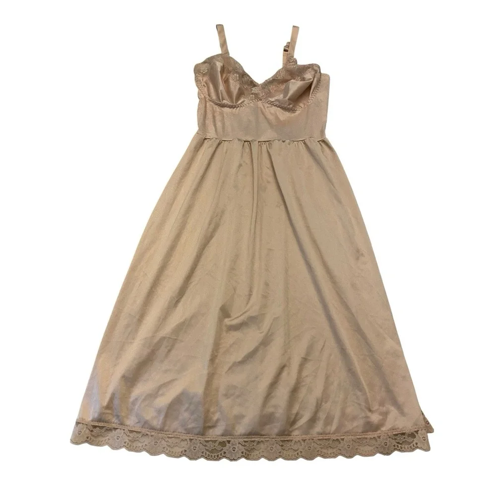 Vtg JCPenney Full Slip Dress 42 B C D Beige Nude Antron III Nylon Lace USA Made